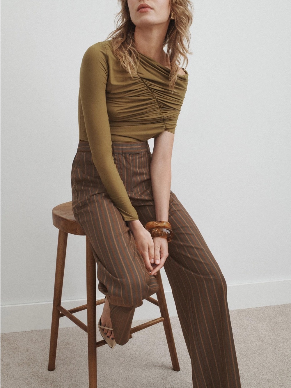 Reformation Carter Brown Pinstripe Wide Leg Pants - Picture 5 of 8